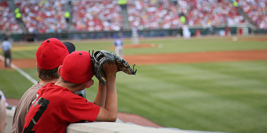 Two young baseball fans wait to catch a fly ball at the World Series Fans wait to catch a fly ball at World Series